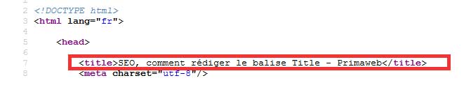 copie écran du code source de la page avec la balise Title 